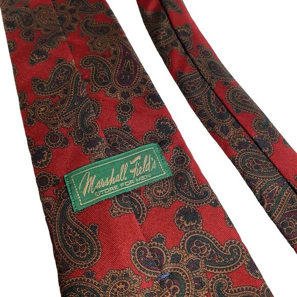 Vintage Marshall Fields Men Italian Silk Paisley Necktie Red Brown Designer - Picture 2 of 4